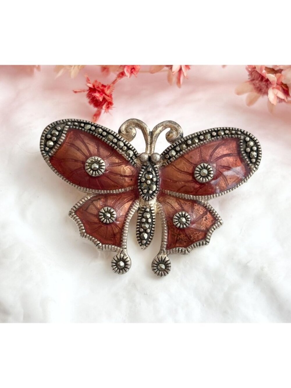 Marcasite Butterfly Figural Thailan Orange Sterling Silver Vintage 925 Brooch